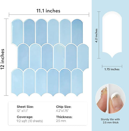 Vamos Tile Thicker Peel and Stick Backsplash Tile,Light Blue,10-Sheet | Self Adhesive Vinyl Wall Tiles with White Grout, Stick on Backsplash for Kitchen, Bathroom, RV,Laundry,11.1''x12''