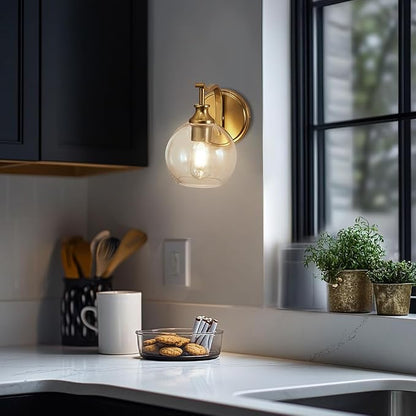 Brushed Gold Bathroom Light Fixtures, Brass Vanity Lights for Mirror, 1-Light Bathroom Wall Sconces Lighting with Globe Clear Shade Up or Down Wall Mounted for Kitchen, Living Room, Hallway