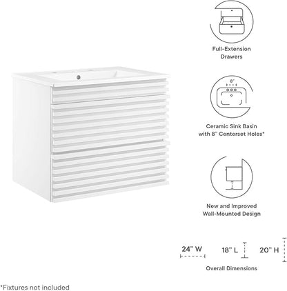 Modway Render 24" Wall-Mount Bathroom Vanity in White White