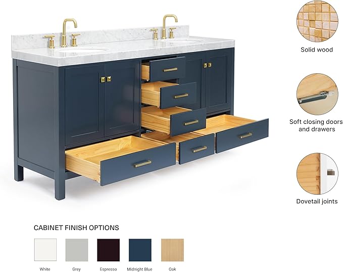 ARIEL Cambridge 72-inch Bathroom Vanity with Sink,Solid Wood, 2-inch Italian Carrara Marble Countertop, Double Oval Porcelain Sink, 4 Soft Closing Doors, 6 Dovetail Drawers, Midnight Blue