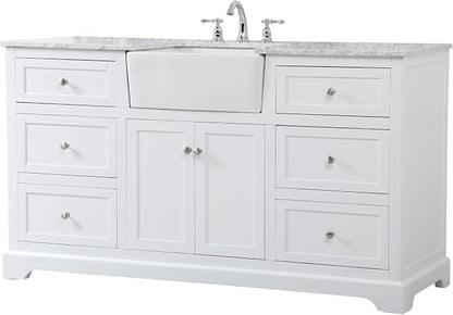 60" Pre-Assembled Bathroom Vanity with Sink, Solid Birch and MDF, Carrara White Marble Countertop Attached, Single Rectangle Porcelain Sink, 6 Soft-Close Drawers, White