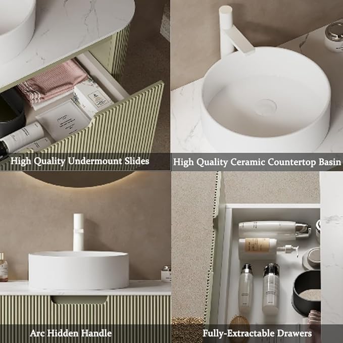 24'' Bathroom Vanities Cabinet with Sink Combo, Wall Mounted Floating Cabinet W/Curved Edges Stripes, Oak Plywood, Soft-close System with a Drawer, White Round Ceramic Basin - Kiel, Light Green