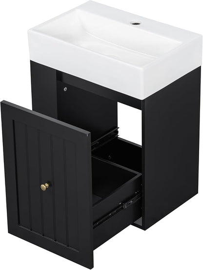 Harper & Bright Designs 20" Bathroom Vanity with Sink, Wall-Mounted Single Basin Vanity Set with One Drawer & Two-Tier Left Side Storage Shelf, Storage Cabinet with Ceramic Basin for Bathroom, Black