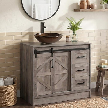 36" Farmhouse Bathroom Vanity with Sink, Bathroom Storage Cabinet with Sliding Barn Doors & Drawers, Freestanding Vanity with Brown Round Glass Vessel Sink Combo Set