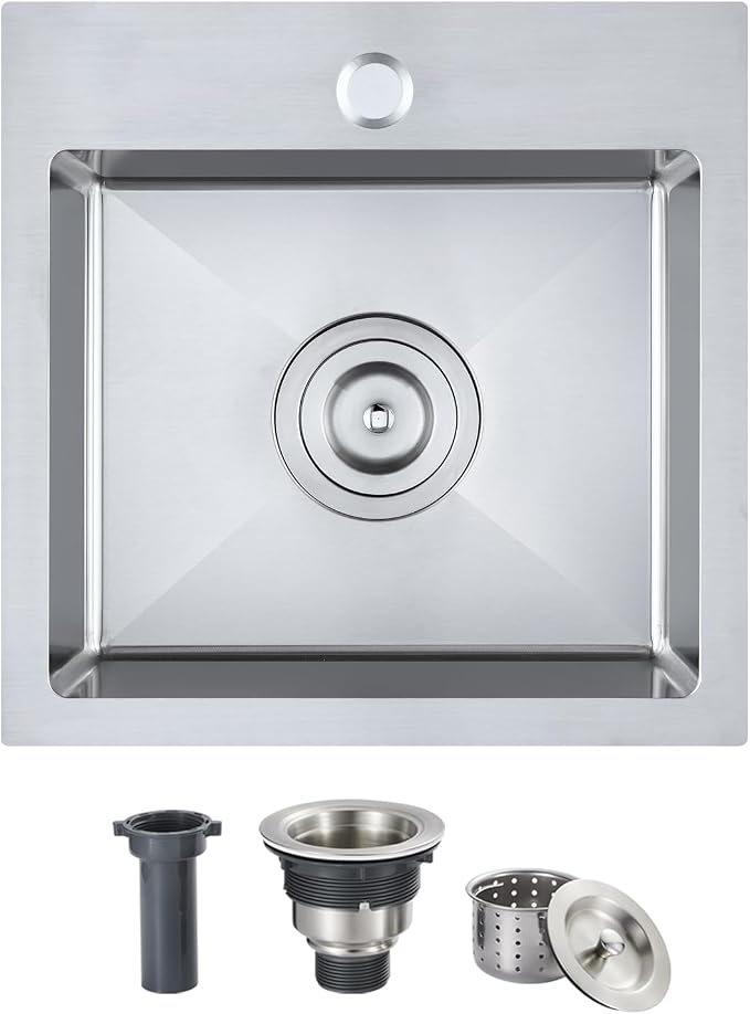 15 x 15 inch Bar Sink | Drop-in, R10 Tight Radius,304 Stainless Steel, Topmount Kitchen Sink Single Bowl, Brushed