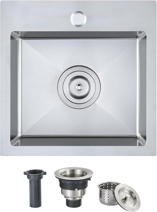 15 x 15 inch Bar Sink | Drop-in, R10 Tight Radius,304 Stainless Steel, Topmount Kitchen Sink Single Bowl, Brushed