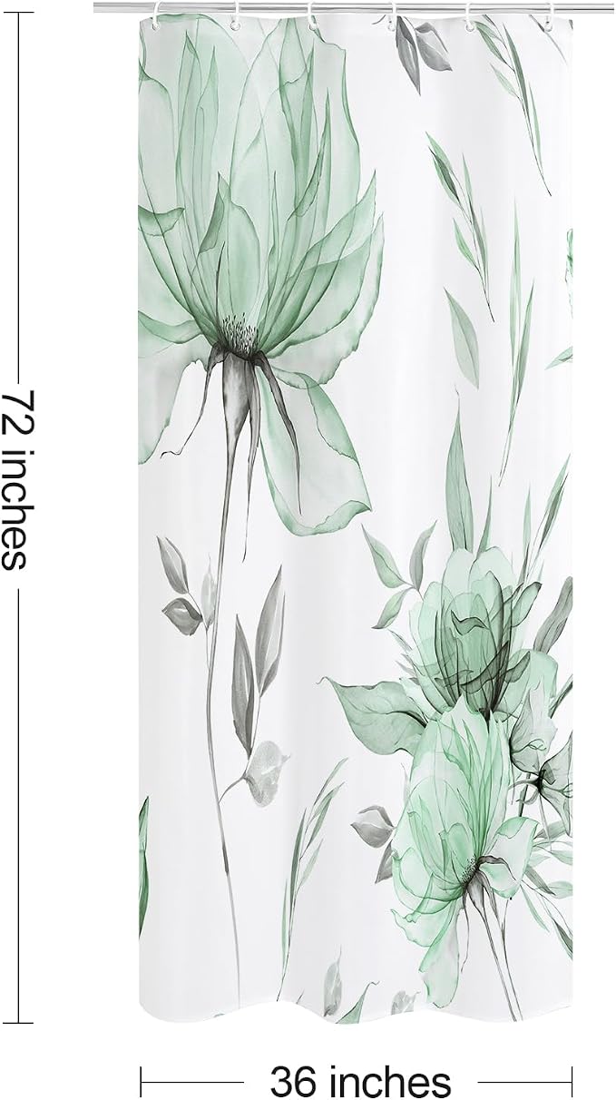 Litabel Small Stall Boho Watercolor Floral Shower Curtain 36 x 72, Green and Grey Ink Painting Style Flower Shower Curtains for Chic Elegant Bathroom, Artistic Narrow Half Size Shower Curtain