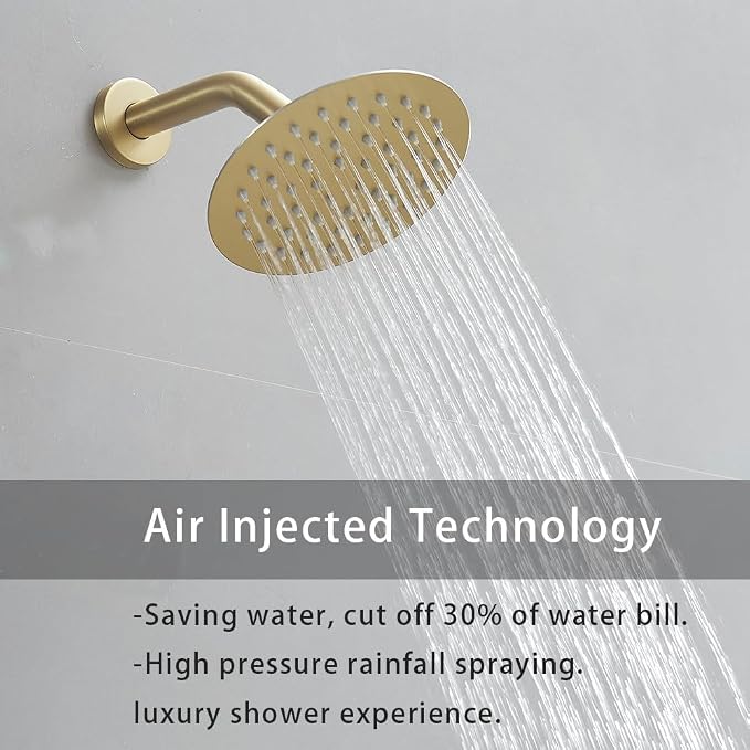 Shower Faucet Set Brushed Gold 10 Inch Round Ceiling Mount Rainfall Shower System with 2 Rain Shower Head and Handheld Head Push Button Diverter Shower Trim Kit and Rough-in Valve Body