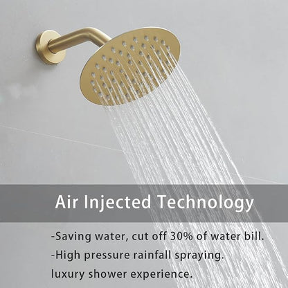 Shower Faucet Set Brushed Gold 10 Inch Round Ceiling Mount Rainfall Shower System with 2 Rain Shower Head and Handheld Head Push Button Diverter Shower Trim Kit and Rough-in Valve Body