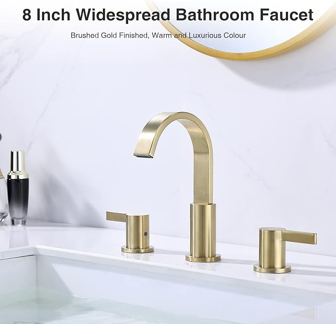 TRUSTMI 8 Inch Widespread Brushed Gold Bathroom Faucet 3 Hole 2 Handle Brass Vanity Sink Faucet with 360 Degree Swivel Spout, Overflow Drain and cUPC Waterlines