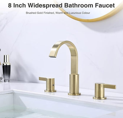 TRUSTMI 8 Inch Widespread Brushed Gold Bathroom Faucet 3 Hole 2 Handle Brass Vanity Sink Faucet with 360 Degree Swivel Spout, Overflow Drain and cUPC Waterlines