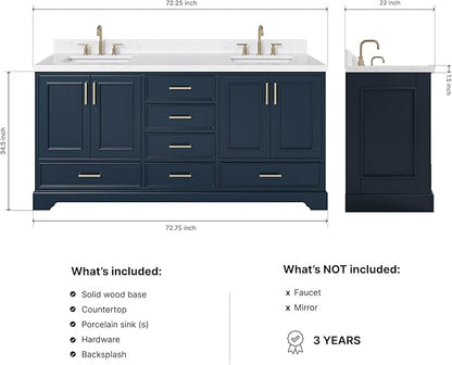 ARIEL Stafford 72-inch Bathroom Vanity with Sink,Solid Wood, 1.5-inch Carrara White Quartz Countertop, Double Rectangular Porcelain Sink, 4 Soft Closing Doors, 6 Dovetail Drawers, Midnight Blue