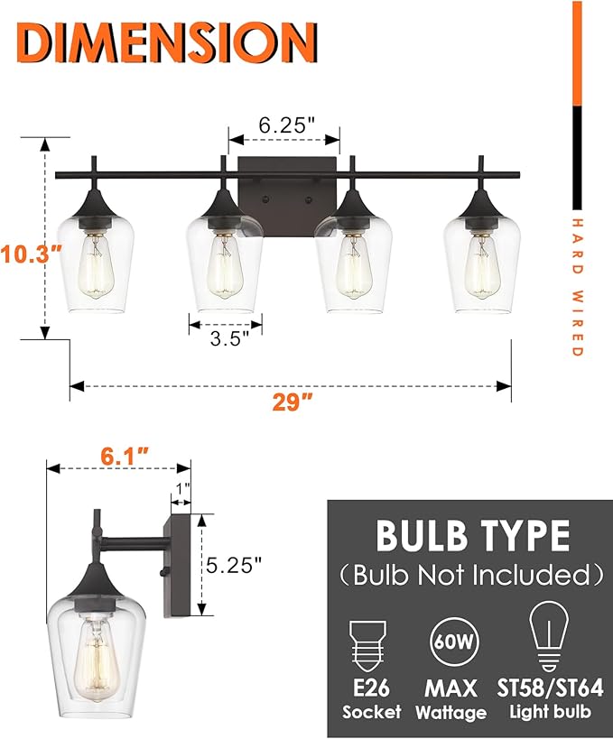 4 Light Bathroom Lighting Fixtures Over Mirror, 24 Inch Oil Rubbed Bronze Vanity Lights Farmhouse Rustic Bath Wall Light with Clear Glass, WL9167-4A