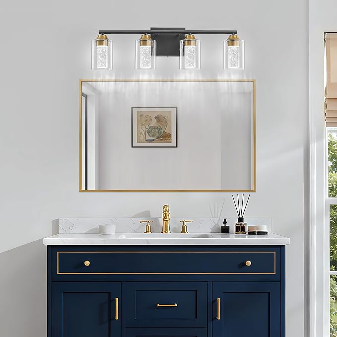 4-Light Black & Gold Bathroom Vanity Light with 3 Color Modes (3000K/4000K/6000K), Dimmable Modern Wall Light Over Mirror with Clear Glass Shade