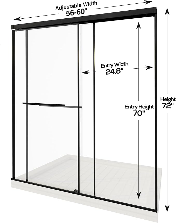 56-60" W x 72" H Semi-Frameless Double Sliding Shower Door | 1/4" SGCC Clear Tempered Glass with Explosion-Proof Film, Matte Black Bypass Walk-In Shower Door, Reversible