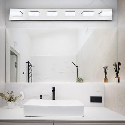GOODATE 3 Colors Dimmable Bathroom Light Fixtures Over Mirror, LED Chrome Vanity Lights, Acrylic Stainless Steel 6 Light Bathroom Vanity Light, Adjustable 3000K/4000K/6000K, 360° Rotate