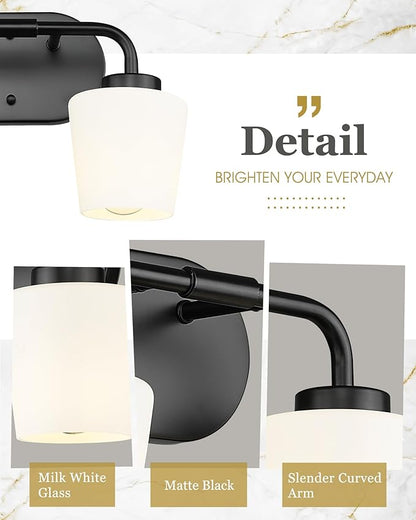 Bathroom Light Fixtures Over Mirror, 2-Light Matte Black Vanity Lighting Fixtures with Milk White Glass, Vintage Farmhouse Wall Sconces Lighting, AD-22004-2W-BK