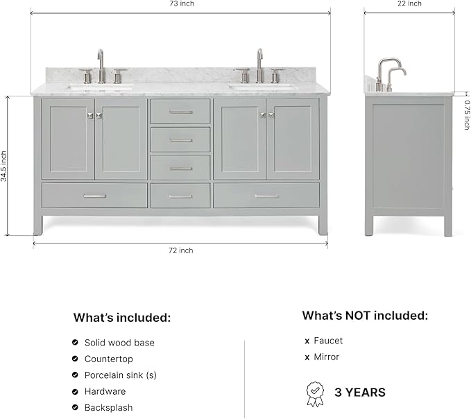 ARIEL Cambridge 72-inch Bathroom Vanity with Sink,Solid Wood, 0.75-inch Italian Carrara Marble Countertop, Double Rectangular Porcelain Sink, 4 Soft Closing Doors, 6 Dovetail Drawers, Grey