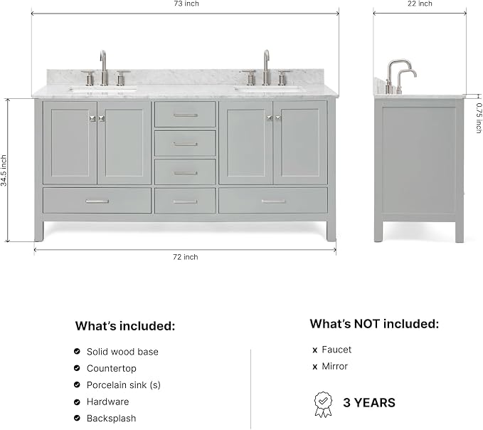 ARIEL Cambridge 72-inch Bathroom Vanity with Sink,Solid Wood, 0.75-inch Italian Carrara Marble Countertop, Double Rectangular Porcelain Sink, 4 Soft Closing Doors, 6 Dovetail Drawers, Grey
