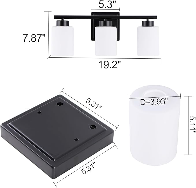 3 Light Bathroom Light Fixtures, 19.2 Inches Vanity Lights for Mirror, Black Vanity Lighting Fixtures with Milky White Glass Shades
