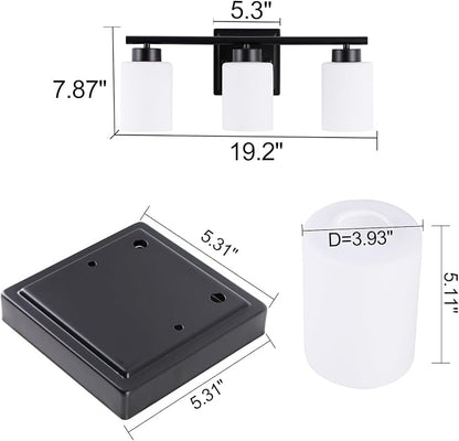3 Light Bathroom Light Fixtures, 19.2 Inches Vanity Lights for Mirror, Black Vanity Lighting Fixtures with Milky White Glass Shades