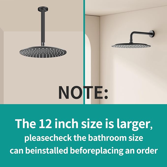 All Metal Rain Shower Head - Heavy Duty Stainless Steel, Easy Install, High Water Flow, Ultra-Thin Modern Design for Bathroom (D-Matte Black, 12)