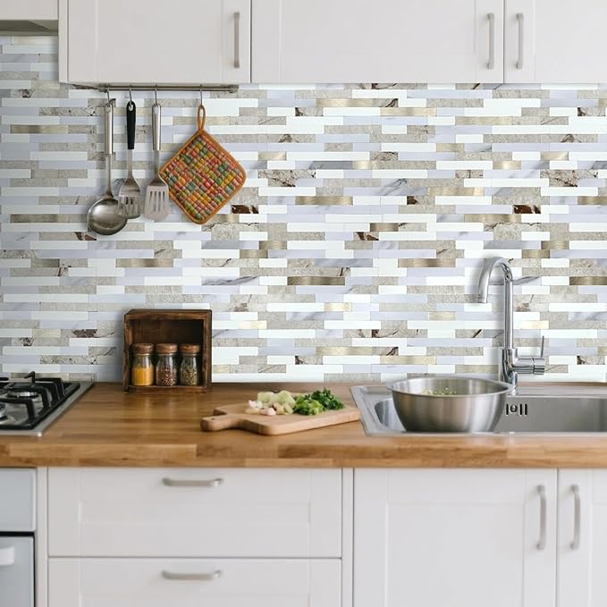 AULIGET 2 Sheets Faux Stone Peel and Stick Backsplash, Beige & White Marble Look PVC Wall Tile Stick on Backsplash for Kitchen and Bathroom