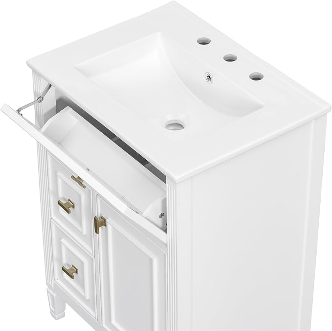 24" Modern Bathroom Vanity with Ceramic Sink, Solid Wood Frame Freestanding Storage Cabinet w/2 Drawers & Tilt-Out Drawer, Door Rack & Adjustable Shelf, Golden Metal Handles, White
