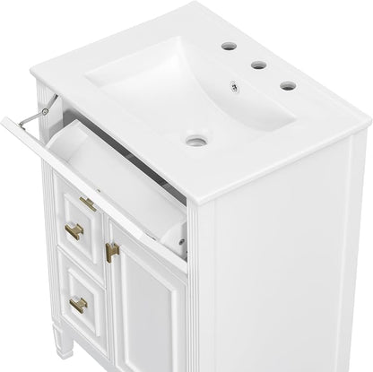 24" Modern Bathroom Vanity with Ceramic Sink, Solid Wood Frame Freestanding Storage Cabinet w/2 Drawers & Tilt-Out Drawer, Door Rack & Adjustable Shelf, Golden Metal Handles, White