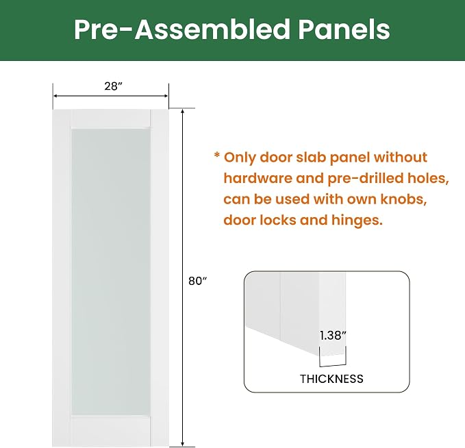 SMARTSTANDARD 28" x 80" Slab Door, Solid Core Frosted Glass Pantry Door | Pre-Assembled Interior Door without Hardware Kit for Pantry, Pocket, White Primed, Paintable Surface