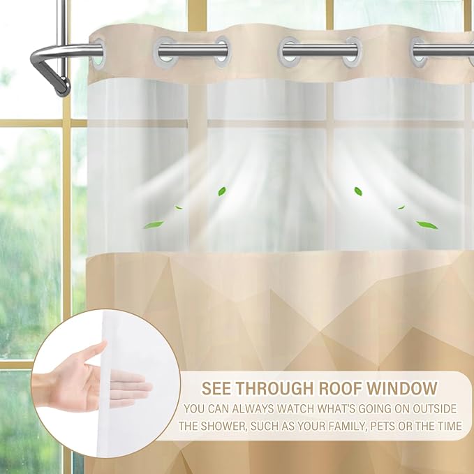 No Hook Shower Curtain with Snap in Liner Set, Beige, 71x74 | Waterproof Fabric for Bathroom, Modern Hotel Style Ombre Design, Mesh Top Window, Machine Washable, Quick Install