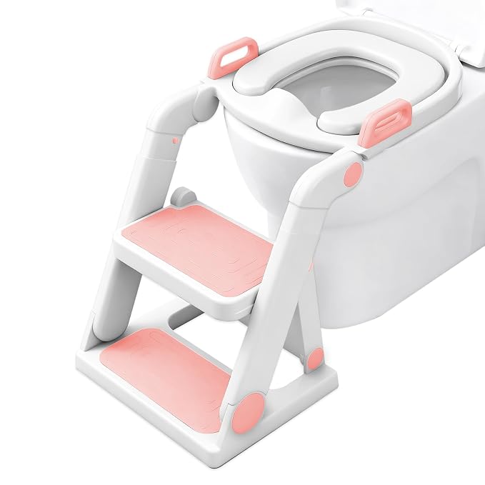 Potty Training Seat with Step Stool Ladder for Kids Girls, Pink | Pre-assembled, 2-in-1, Toddler Toilet Seat, Anti-Slip Foldable Steps, Splash Guard, Adjustable, Potty Ladder for Toddler 1-3