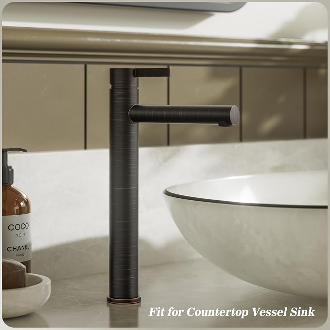 One Hole High Bathroom Vessel Sink Faucet, Oil Rubbed Bronze Single Hole Single Handle Tall Bathroom Faucet, with Pop Up Drain and Water Supply Line,FH01-ORB-V