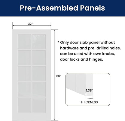 SMARTSTANDARD 32" x 80" Clear Glass French Interior Solid Core Door Slab | 10-Lite Glass Pantry Door for Bathroom Laundry Pocket, Pre-Assembled Panel without Hardware, White Primed