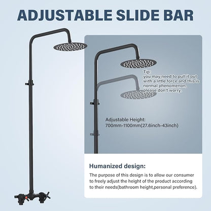 Outdoor Shower Kit with Matte Black 8 Inch Stainless Steel Rain Shower Head and Double-Handle Cross Handwheel,Adjustable Height Outdoor Shower Fixtures