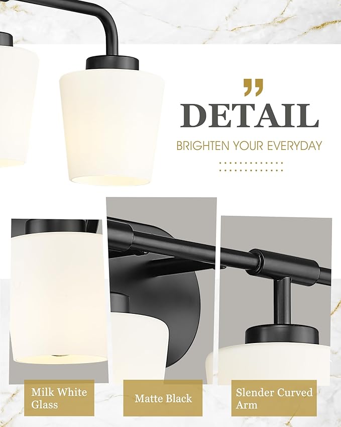 Bathroom Light Fixtures Over Mirror, 4-Light Matte Black Vanity Lighting Fixtures with Milk White Glass, Vintage Farmhouse Wall Sconces Lighting, AD-22004-4W-BK