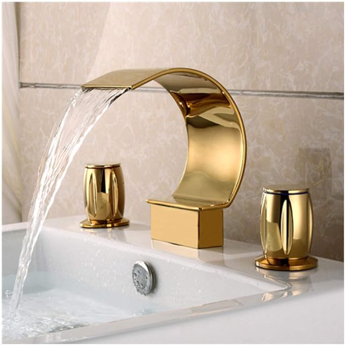 Sprinkle Elegant Waterfall Double Handle Bathroom Sink Faucet Arc Waterfall Spout Bathtub Filler Widespread Bathroom Faucet Gold