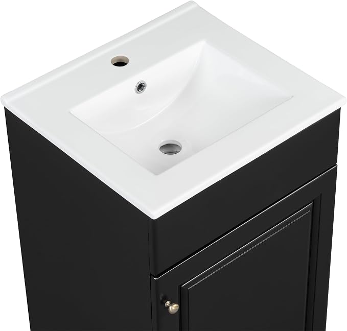 Christopher Knight Home Vanes Wood Frame 20" Bathroom Vanity with Ceramic Sink, Cabinet with Soft-Closing Door Shelf and Adjustable Shelf, Open Back, Metal Hardware, Storage/Organizer, Black