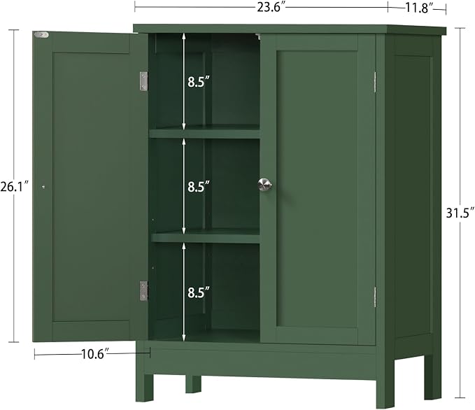 Iwell Bathroom Cabinet, Bathroom Storage Cabinet with 2 Doors & 3 Shelves, 3 Heights Available, for Living Room, Entryway, Home Office, Green