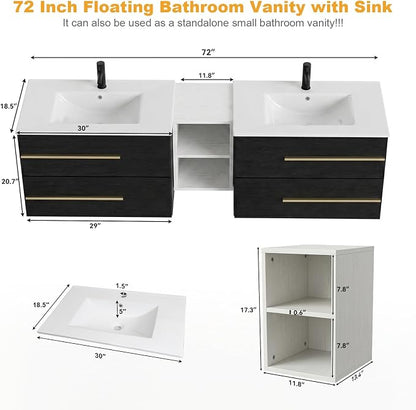 72 Inch Floating Double Sink Bathroom Vanity, Modern Bathroom Vanity with Sink & Large Storage Drawers, Wall Mounted Bathroom Sink Cabinet, Black&White