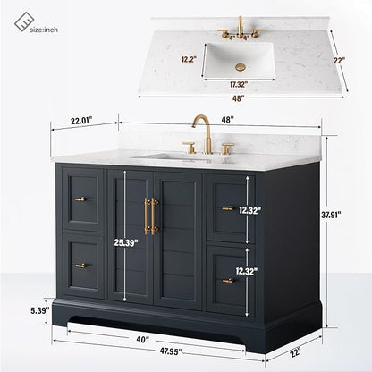 HOMEBEYOND 48 Inch Bathroom Vanity with Single Sink & Ceramic Top, Vanity Cabinet with Center Countertop Basin, Soft-Closing Doors, Backsplash, Vintage Spruce Blue