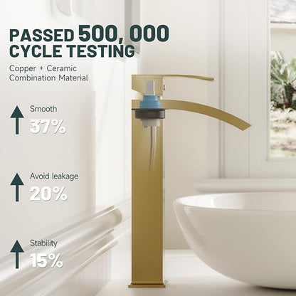 Brushed Gold Vessel Sink Faucet, Waterfall Bathroom Faucets | Brass, Tall Spout, Single Handle 1 Hole Bathroom Faucet, Modern Basin Taps with Supply Line, Pop Up Drain, Without Overflow