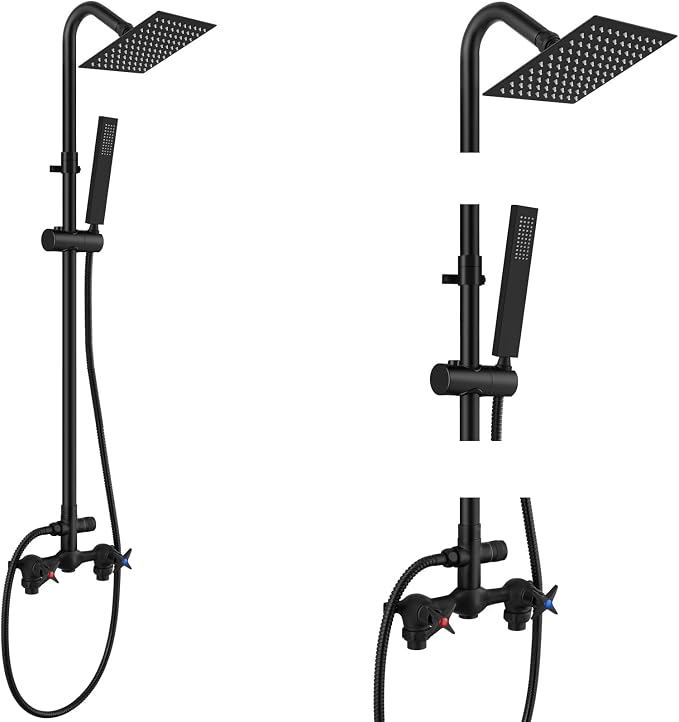 Aolemi Outdoor Shower Kit with Handheld,Square Rain Shower,Matte Black | 2-Handle Hot and Cold Control, Adjustable Height, 6-Inch Center Valve, 59-Inch Hose, Winter Drainage Outdoor Shower Fixtures