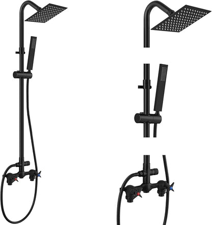 Aolemi Outdoor Shower Kit with Handheld,Square Rain Shower,Matte Black | 2-Handle Hot and Cold Control, Adjustable Height, 6-Inch Center Valve, 59-Inch Hose, Winter Drainage Outdoor Shower Fixtures