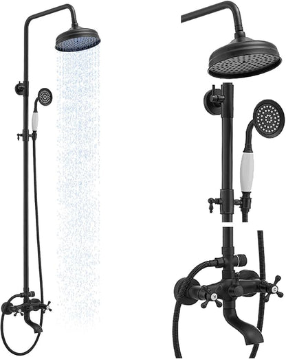 Outdoor Shower Features, Exposed Shower System Wall Mounted | 8 Inch Rain Shower Head Sprayers,Handheld Shower Head & Tub Spout,Solid Brass,Dual Handle,High Pressure,Matte Black
