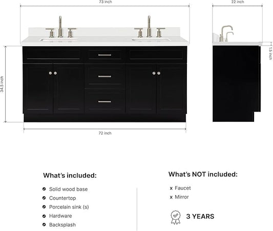 DKB Bradford 72 Inch Bathroom Vanity Double Sink — Black Bathroom Vanity with Sink, 1.5" Edge Pure White Quartz Countertop & Backsplash, 4 Soft-Close Doors, and 3 Dovetail Drawers