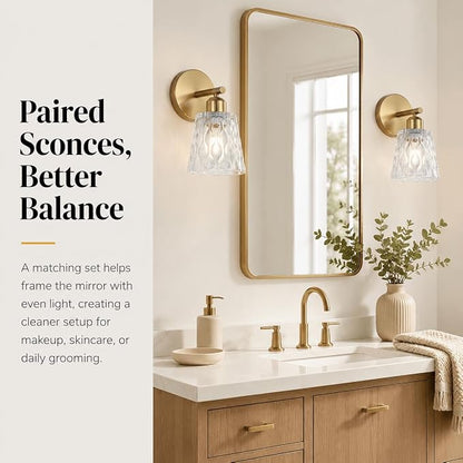1-Light Brushed Gold Bathroom Vanity Wall Sconces, 2-Pack Modern Stainless Steel Fixtures with Textured Glass Shades for Over-Mirror Lighting, E26 Sockets (Bulbs Not Included)