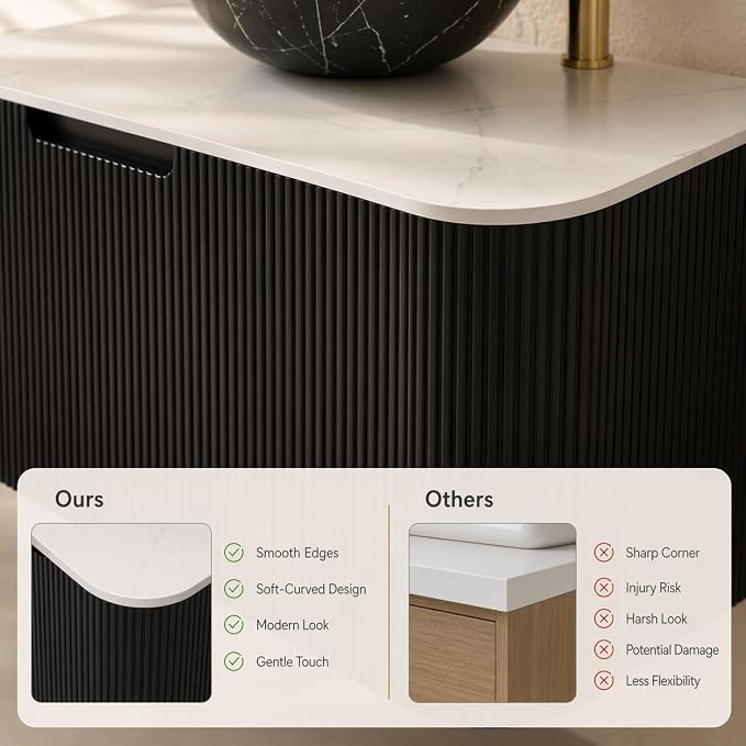 30 Inch Bathroom Vanity with Sink, Floating Wall Mounted Single Sink Vanity, Black Curved Fluted Front, Stone Top, Black Marble Vessel Basin, Pre-Assembled