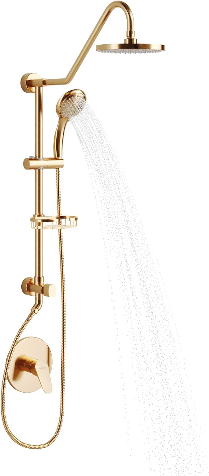 PULSE ShowerSpas Kauai III Brushed Gold Rain Shower Head with Handheld Spray - 1.8 GPM, 8" Showerhead, 5-Function HandShower, Adjustable Slide Bar - Shower Heads with Handheld Spray Combo