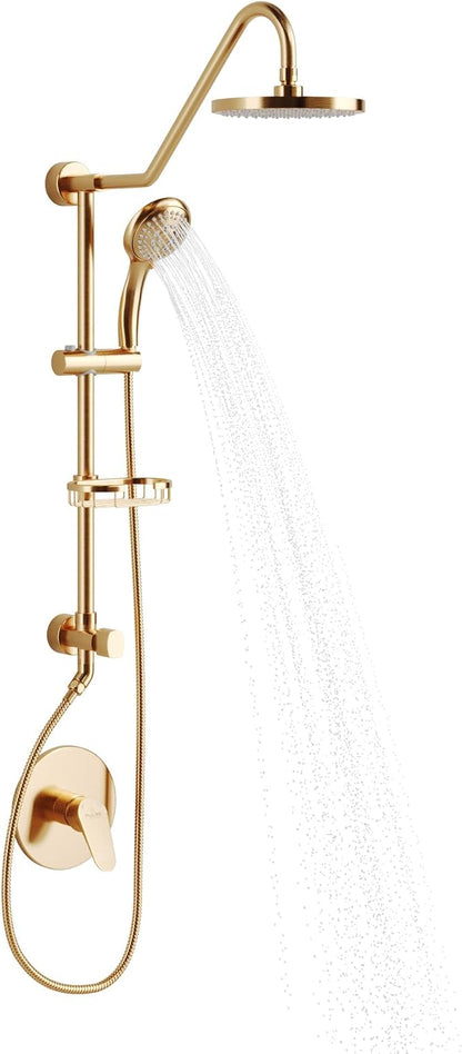 PULSE ShowerSpas Kauai III Brushed Gold Rain Shower Head with Handheld Spray - 1.8 GPM, 8" Showerhead, 5-Function HandShower, Adjustable Slide Bar - Shower Heads with Handheld Spray Combo